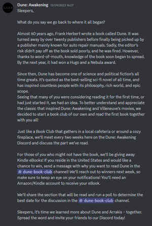 The original announcement made by the Dune Awakening account on discord about the book club launching and the book giveaway