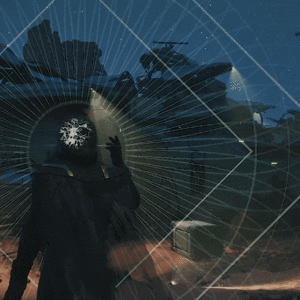 An animated GIF of gameplay in Dune: Awakening, showing a player character using the Mentat Scouting ability. The character holds their hand into a fist as white lines form diamond and circle patterns, before clenching their fist to send a white scanning wave over the nearby terrain, highlighting an enemy in bright white